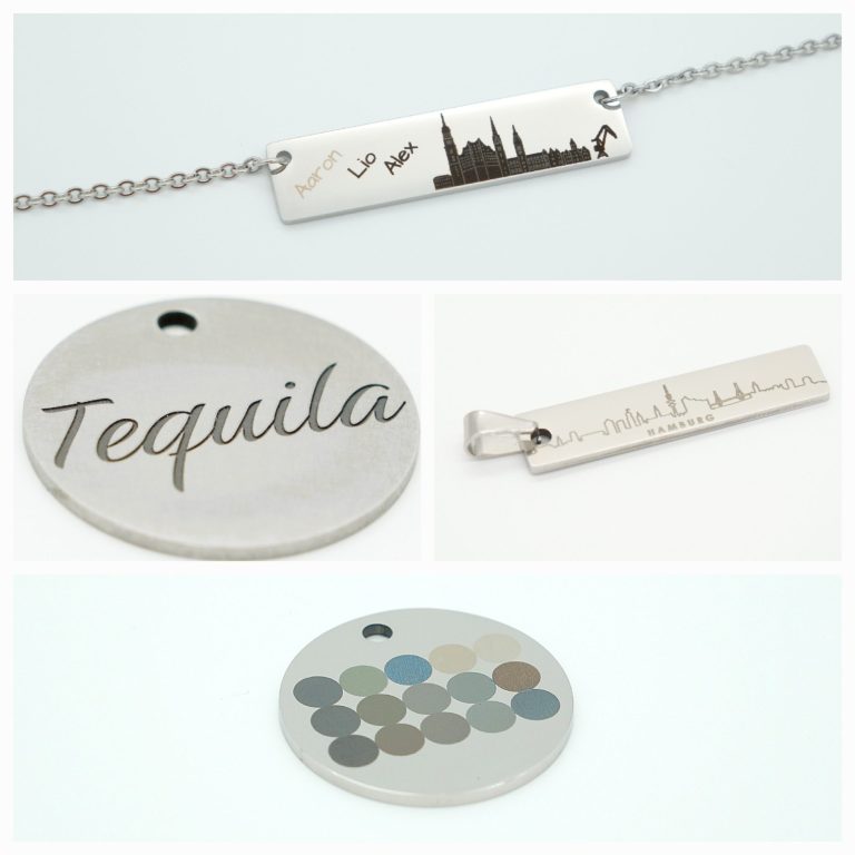 Vielseitige Lasergravuren für Metall, Schmuck, Tiermarken und Türschilder – präzise personalisierte Gravurarbeiten für individuelle Geschenk