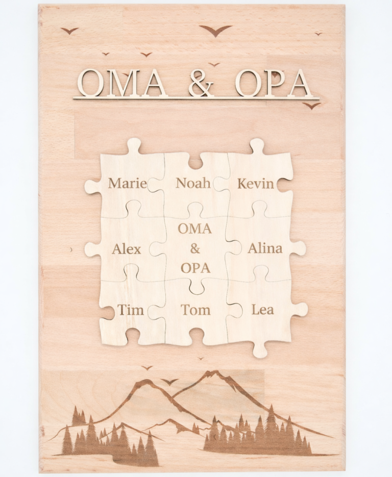 Hochwertig gelasertes Familien‑Puzzle mit individuellen Namensstücken im Stammbaum‑Design, sorgfältig auf ein massives Holzbrett aufgebracht