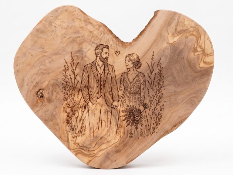 Personalisiertes Herz aus Olivenholz mit Brautpaar-Gravur Hochzeitsgeschenk: Naturholz-Herz mit individueller Lasergravur eines Hochzeitspaares.