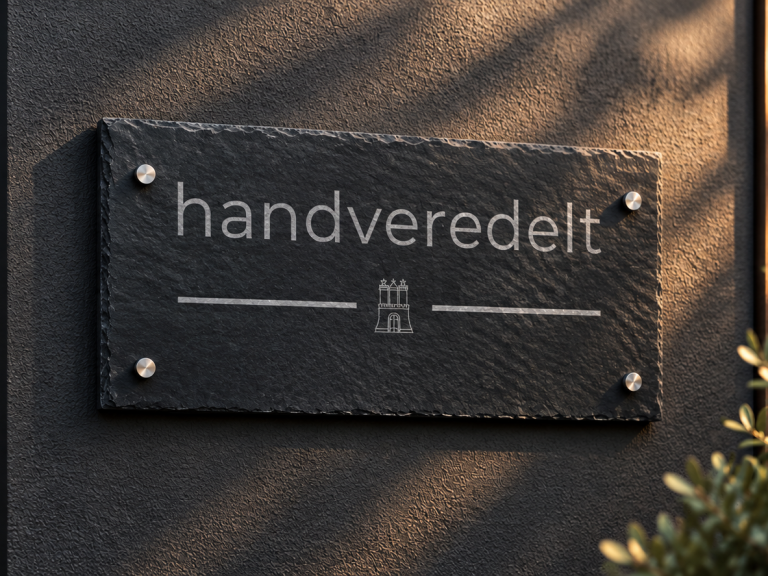 Graviertes Firmenschild aus Schiefer von Handveredelt Personalisiertes Türschild aus Schiefer mit Logo-Lasergravur und Wandhalterung.
